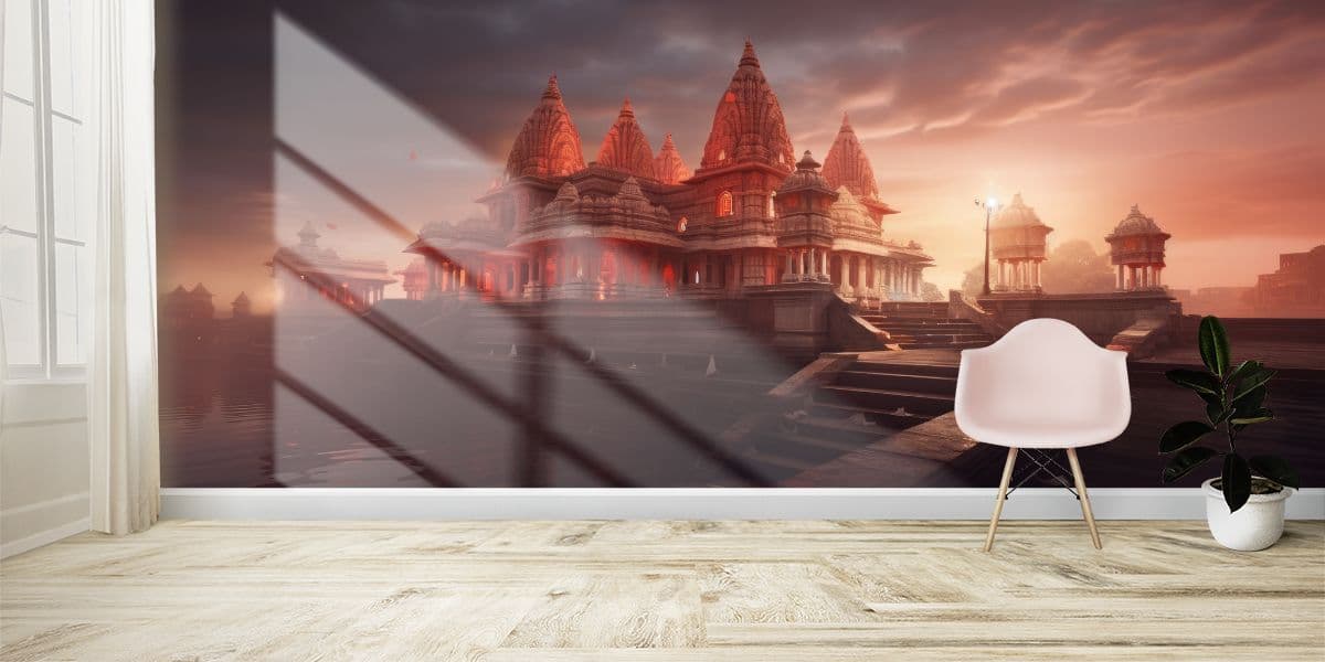 Ram Ayenge, Ram Mandir Portrait Wallpaper Mural shown in a room