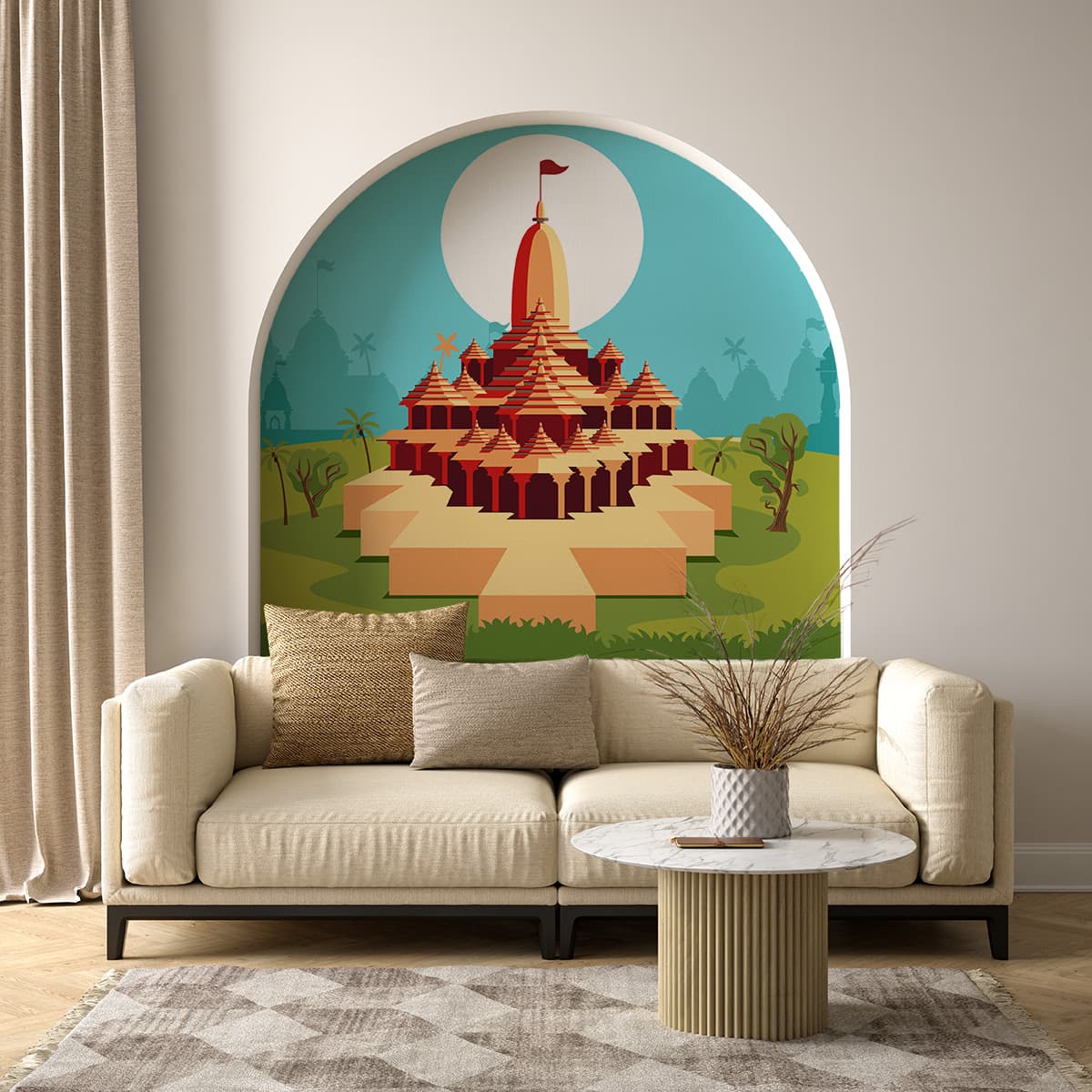 Ram Mandir Art Wallpaper for Wall shown in a room