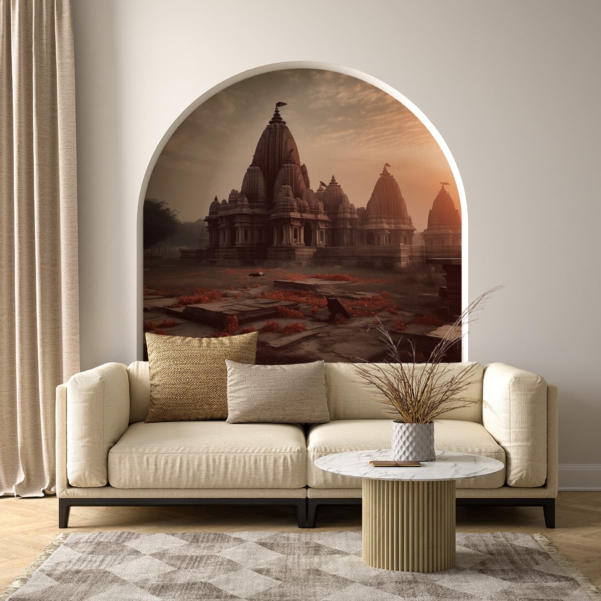 Ram Mandir Scenery Wallpaper Mural for Wall shown in a room