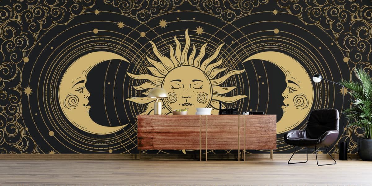 Modern Boho Celestial Sun and Moon Wallpaper shown in a room