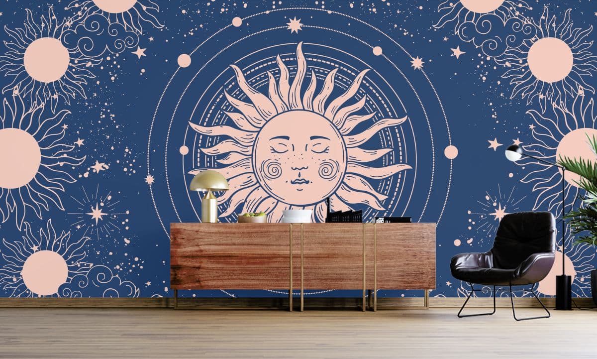 Vintage Boho Design Sun Wallpaper Mural shown in a room