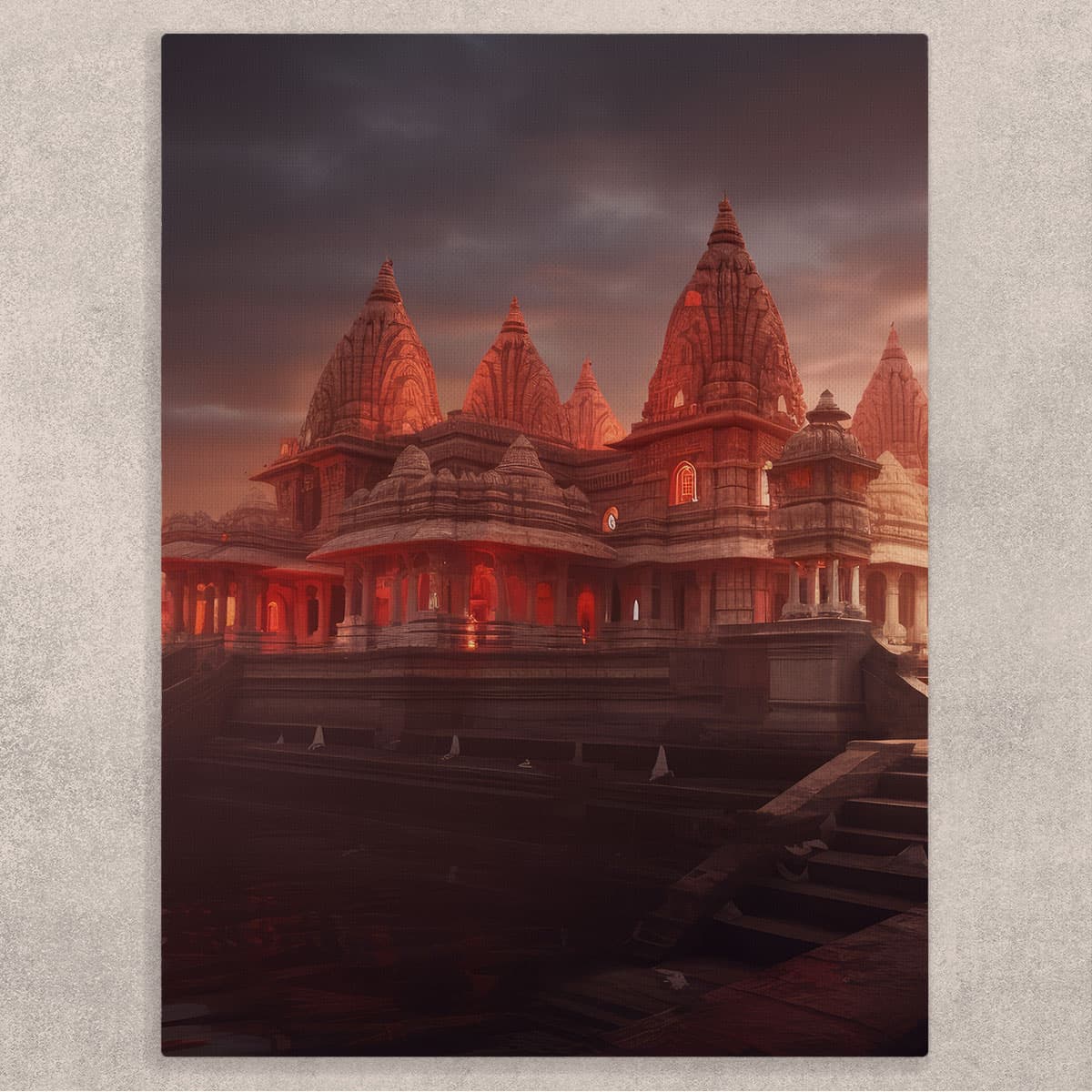 Glowing Ram Mandir Ayodhya Canvas Art shown in a room