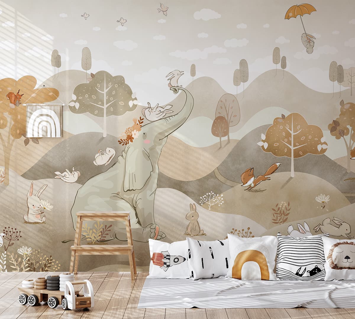 Whimsical Critter Safari Wallpaper for Kids shown in a room