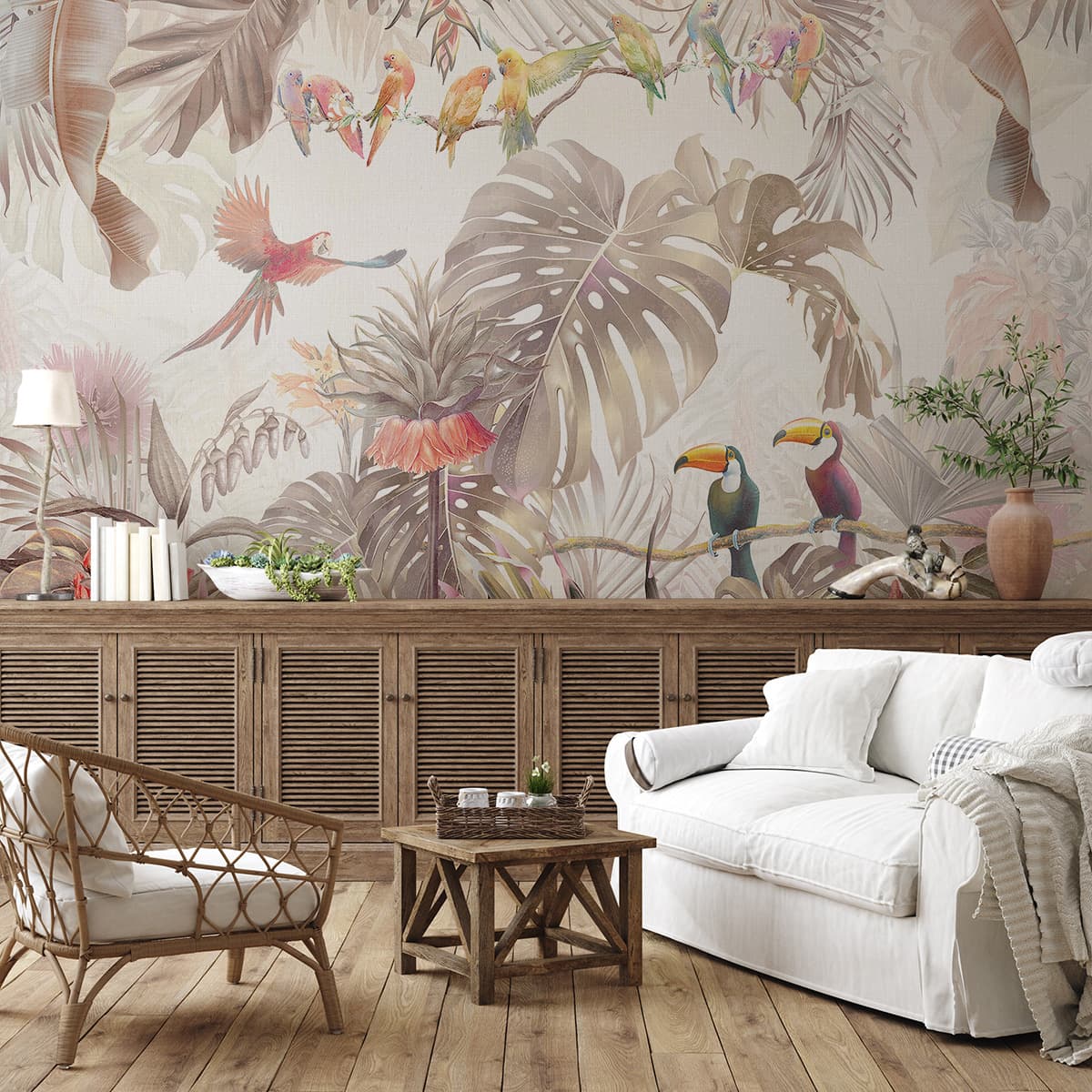 Tropical Peace, Birds and Trees Wallpaper shown in a room