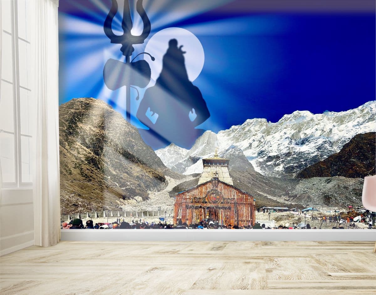Sacred Majesty: Kedarnath Shiva Temple Wallpaper Mural shown in a room