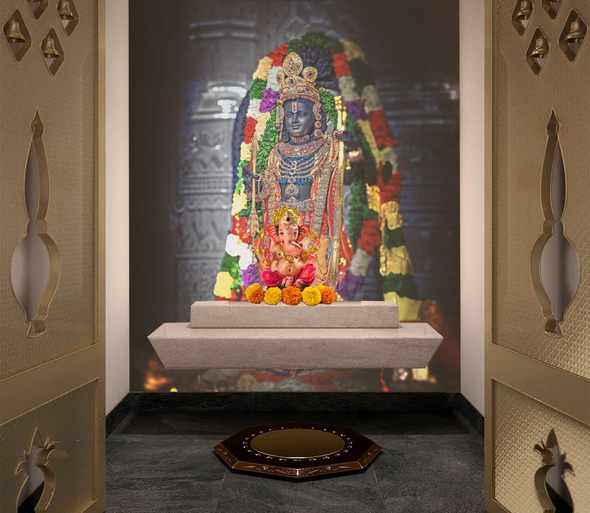 Ram Lalla Wallpaper for Pooja Room shown in a room