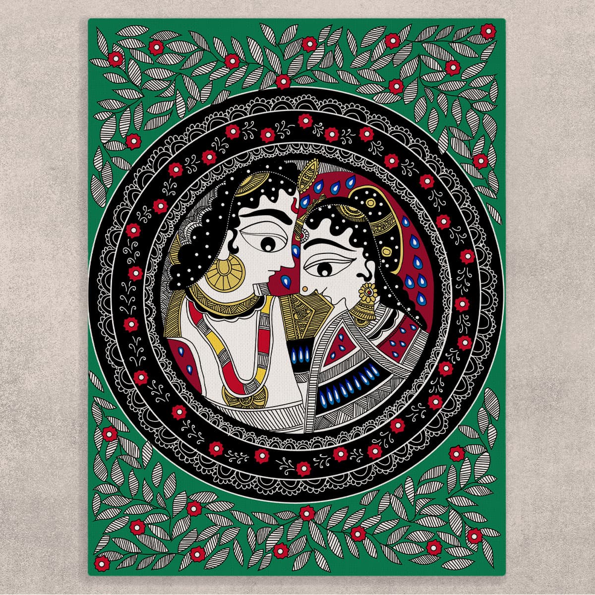 Radha Krishna Canvas Painting shown in a room