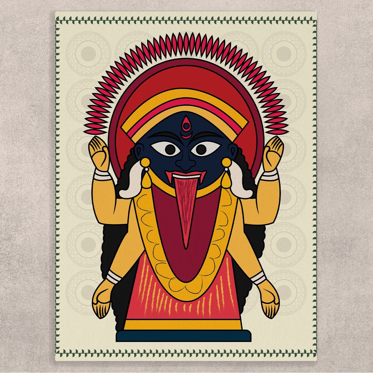 Kali Mata Painting on Canvas, Kalighat Art shown in a room
