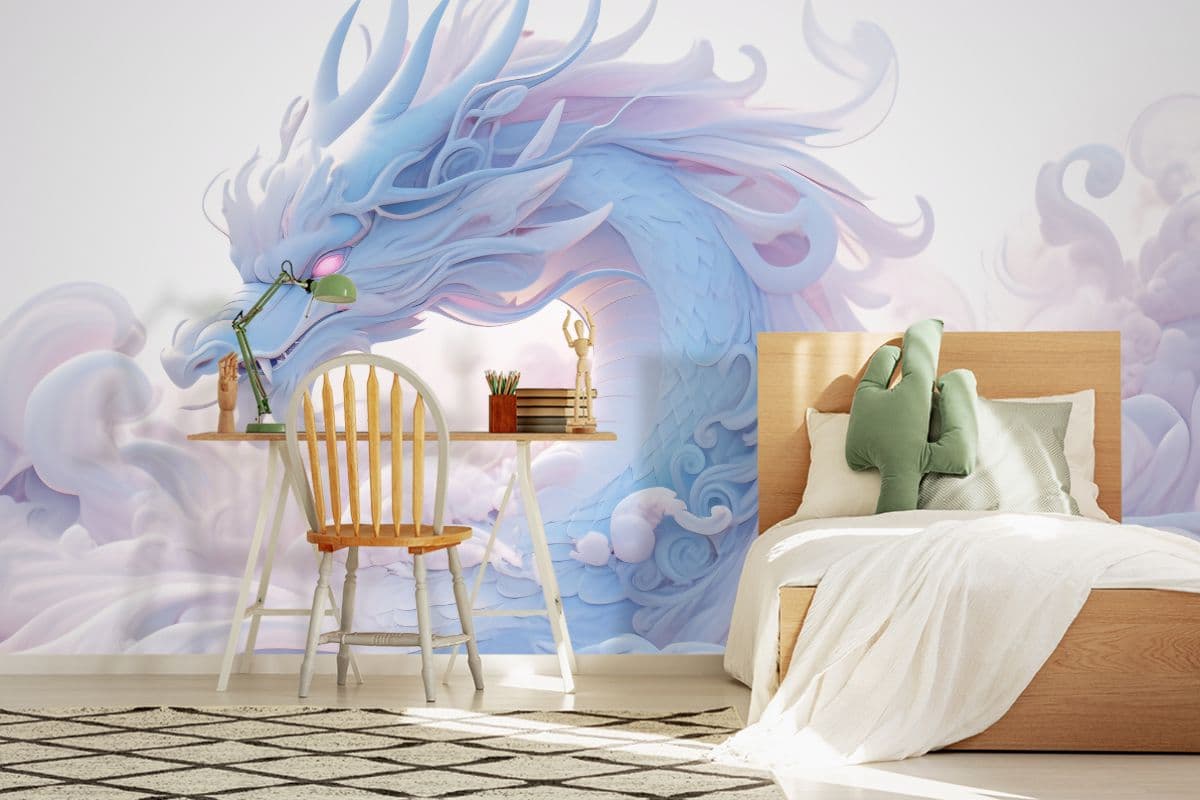 The White Dragon Wallpaper Mural for Gamers Room shown in a room