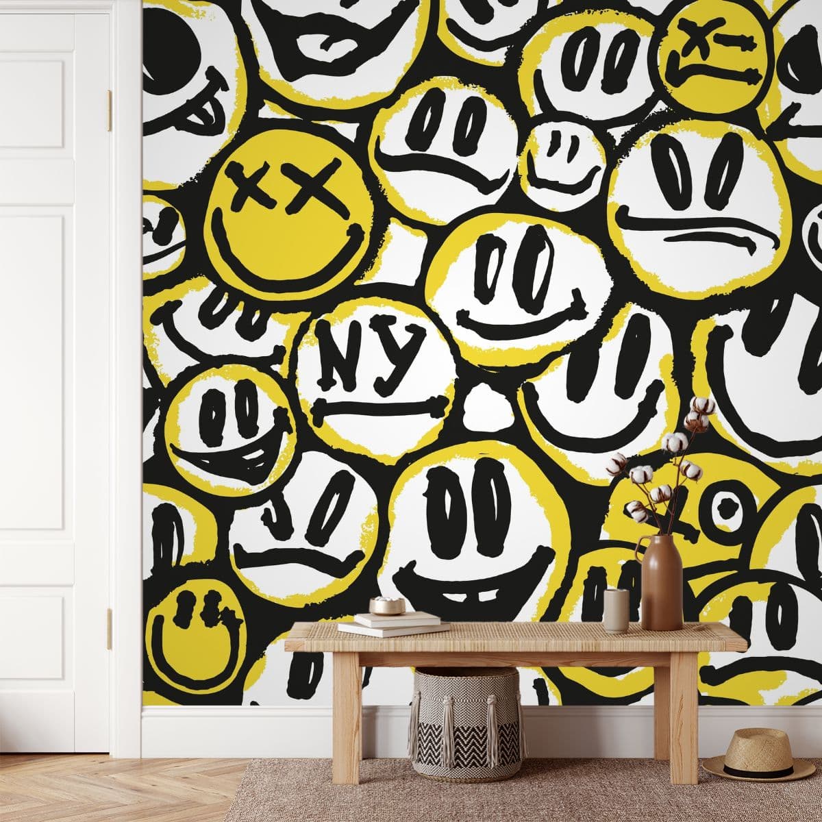 Smiley Face Caricature Wallpaper for Wall shown in a room