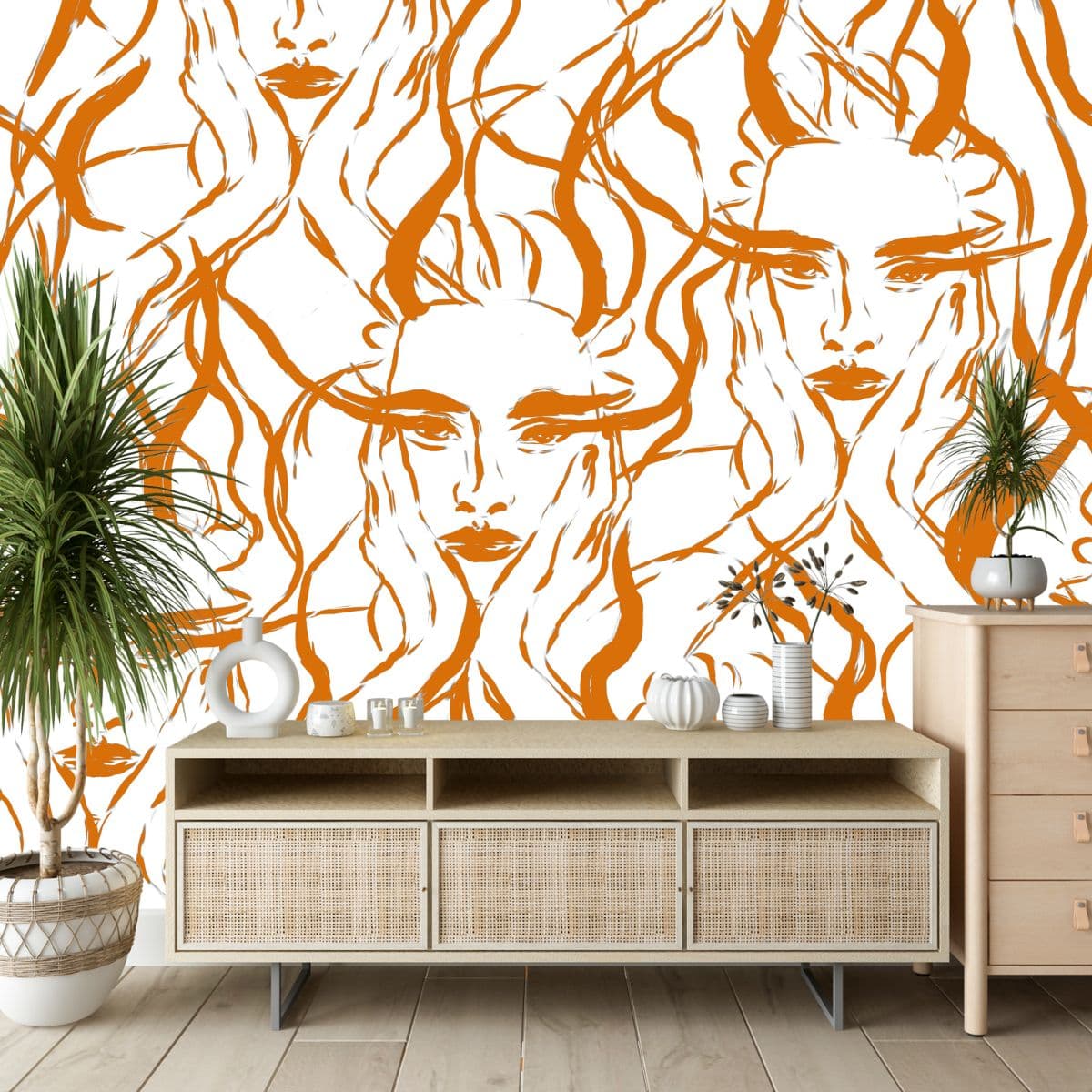 Line Work Girl Portrait Caricature Wallpaper shown in a room