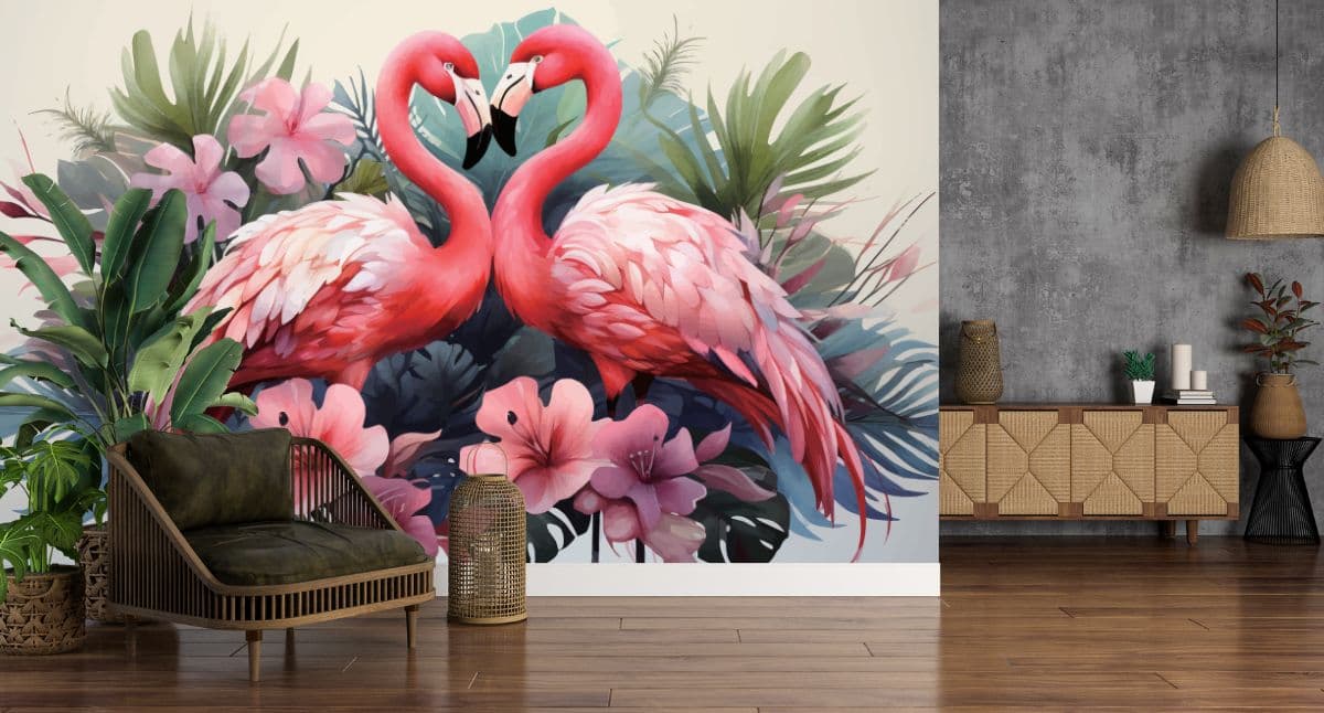 Flamingo Couple Wallpaper Mural shown in a room