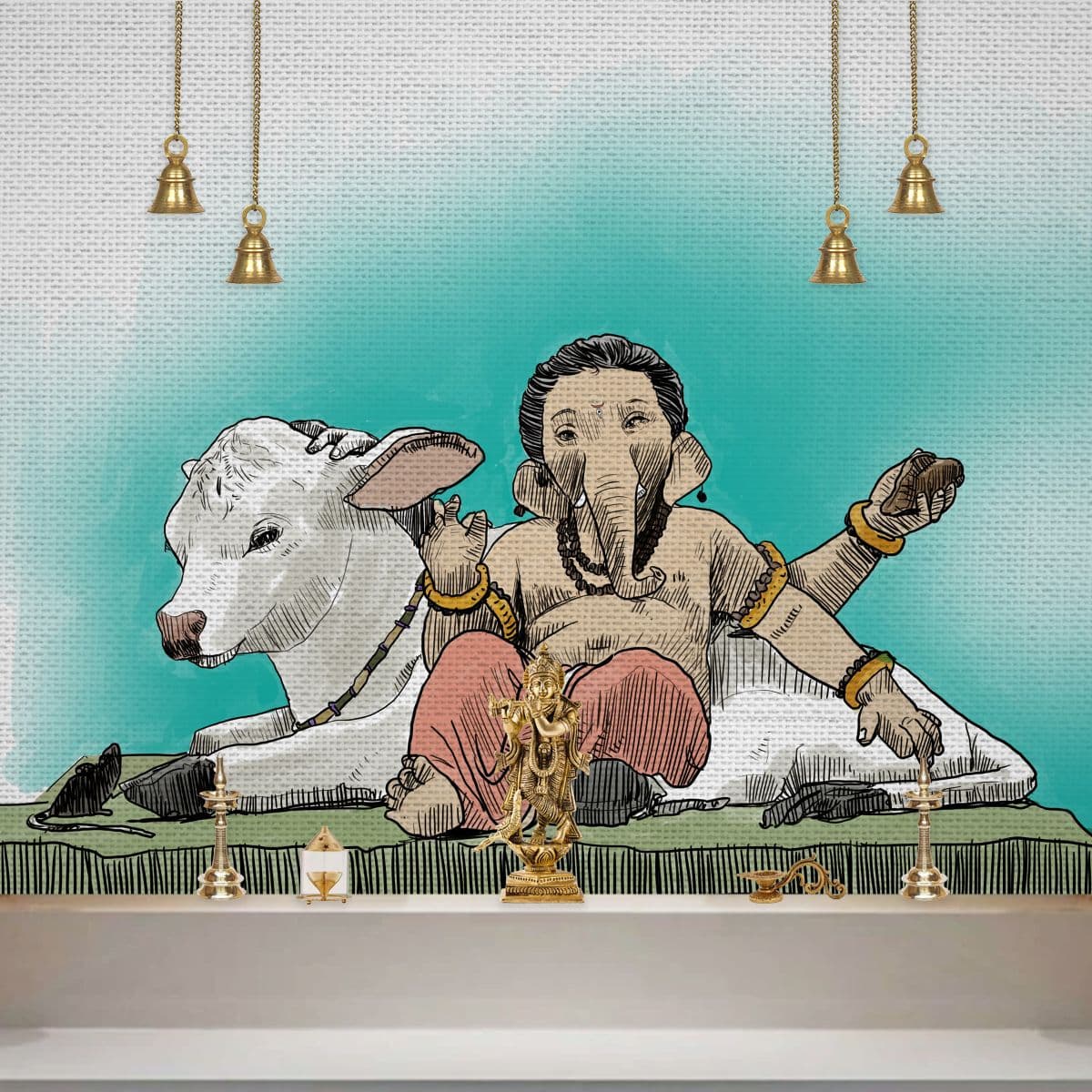 Ganesh ji Portarit Art Wallpaper With A Calf shown in a room