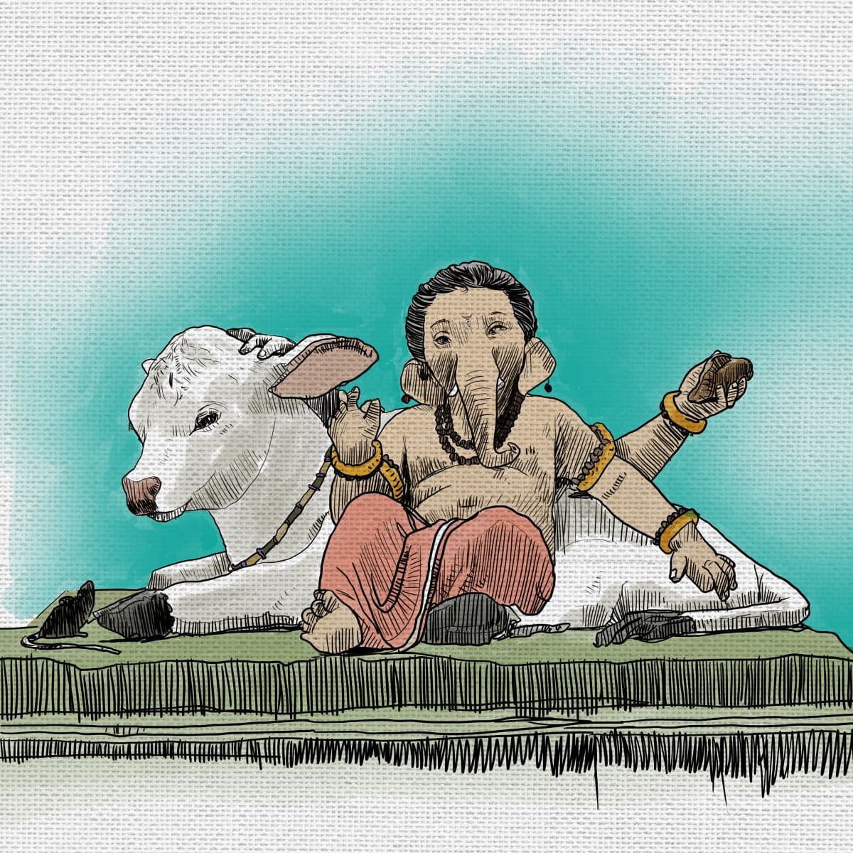 Ganesh ji Portarit Art Wallpaper With A Calf pattern detail