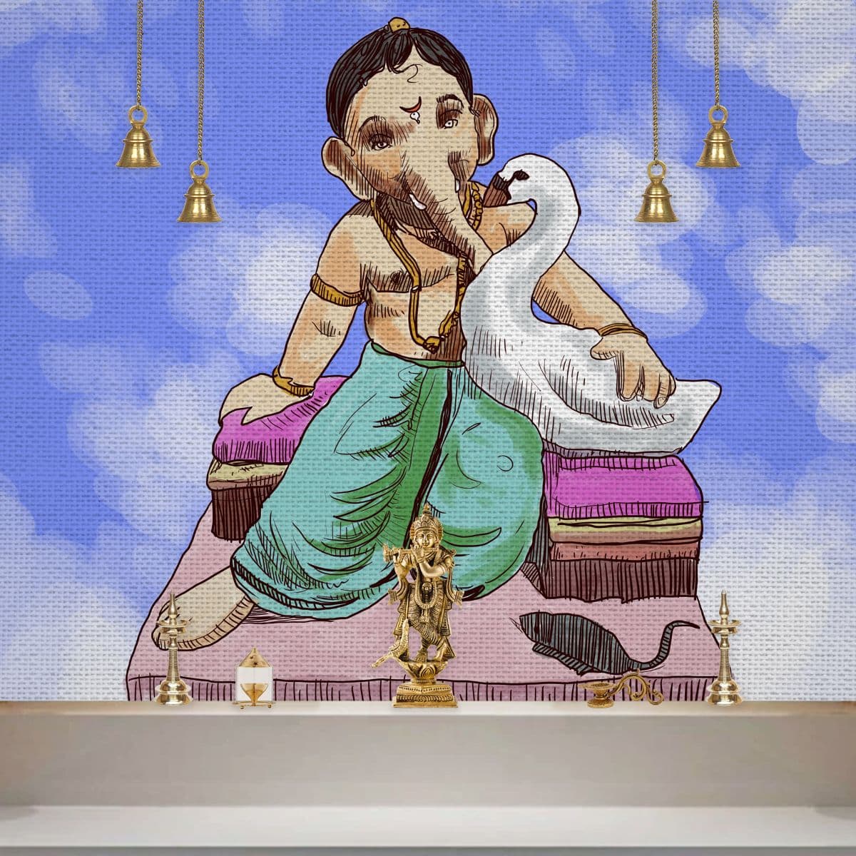 Ganesha and Swan Colorful Art Wallpaper Mural shown in a room