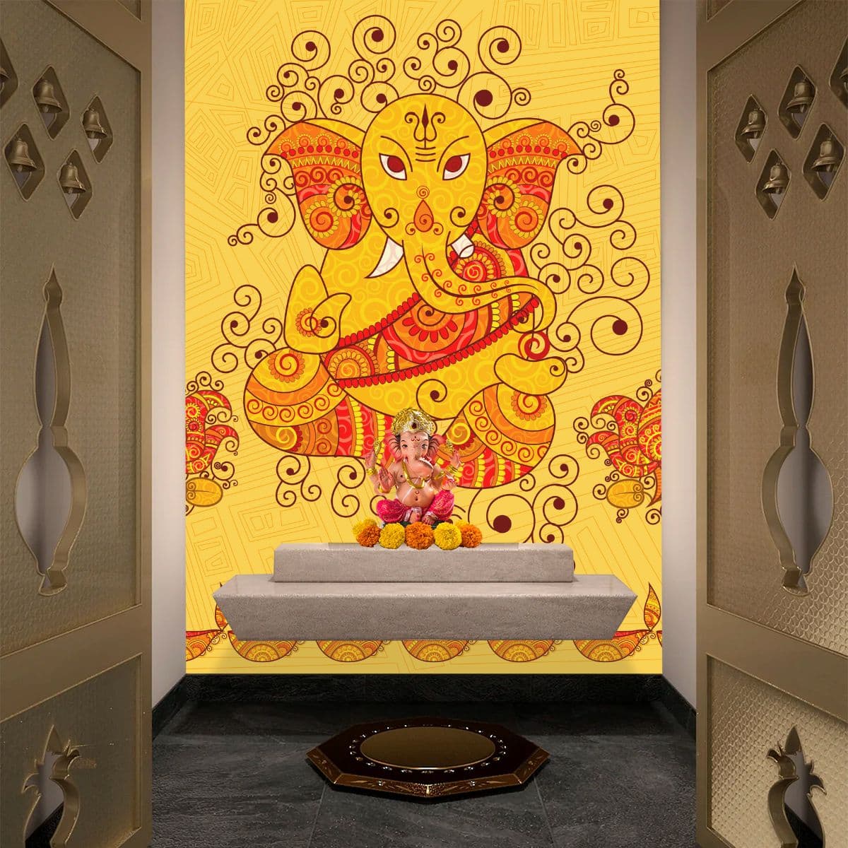 Ganesha Wallpaper in Indian Art Style shown in a room