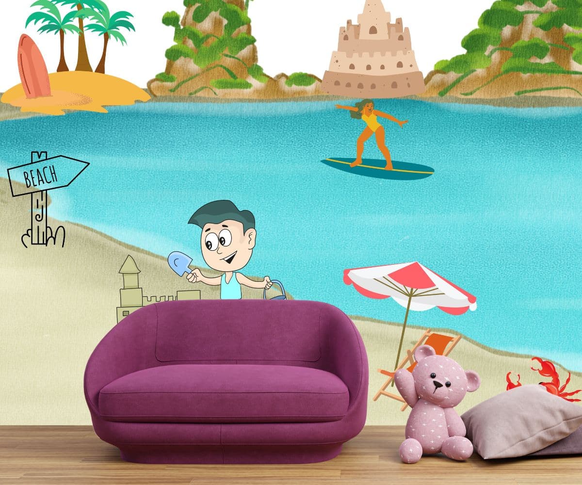 The Kiddies Beach Mural Wallpaper shown in a room