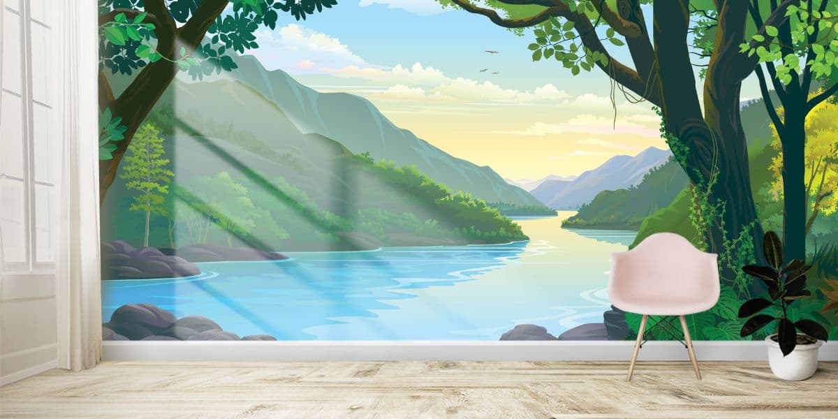 Tranquil River Landscape Wallpaper Mural shown in a room