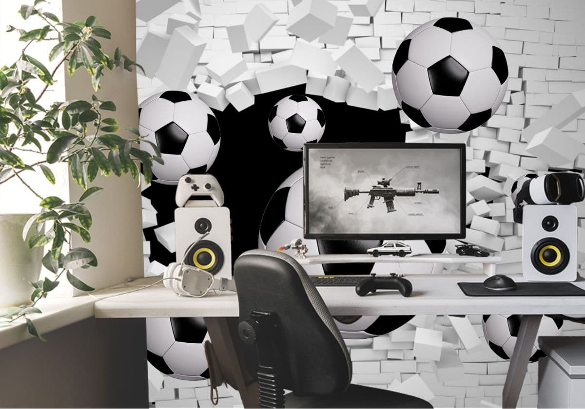 3D Effect Football Wallpaper Mural shown in a room