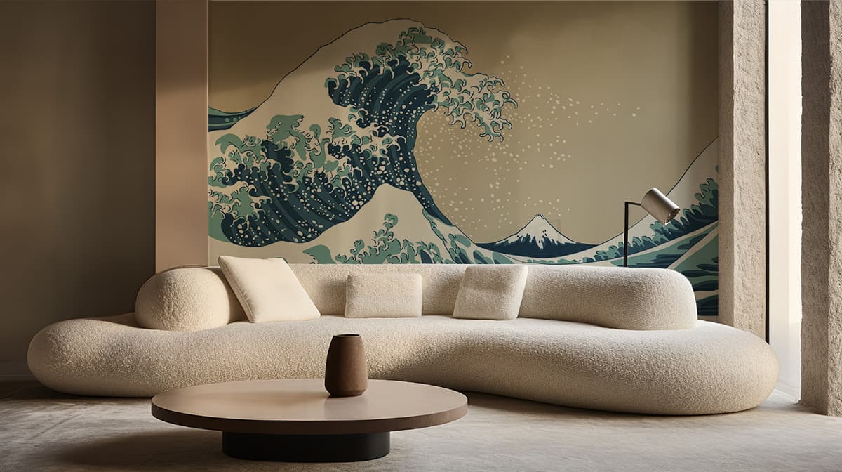 The Great Wave Off Kanagawa Wallpaper shown in a room
