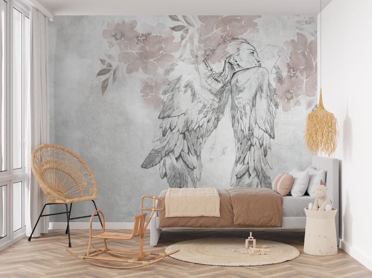 Angel Wings Floral Abstract Wallpaper Mural shown in a room