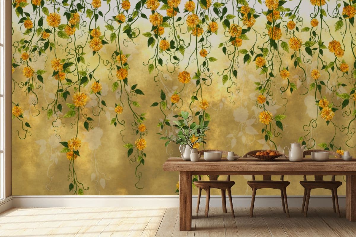 Golden Camellia Elegance Wallpaper for Wall shown in a room