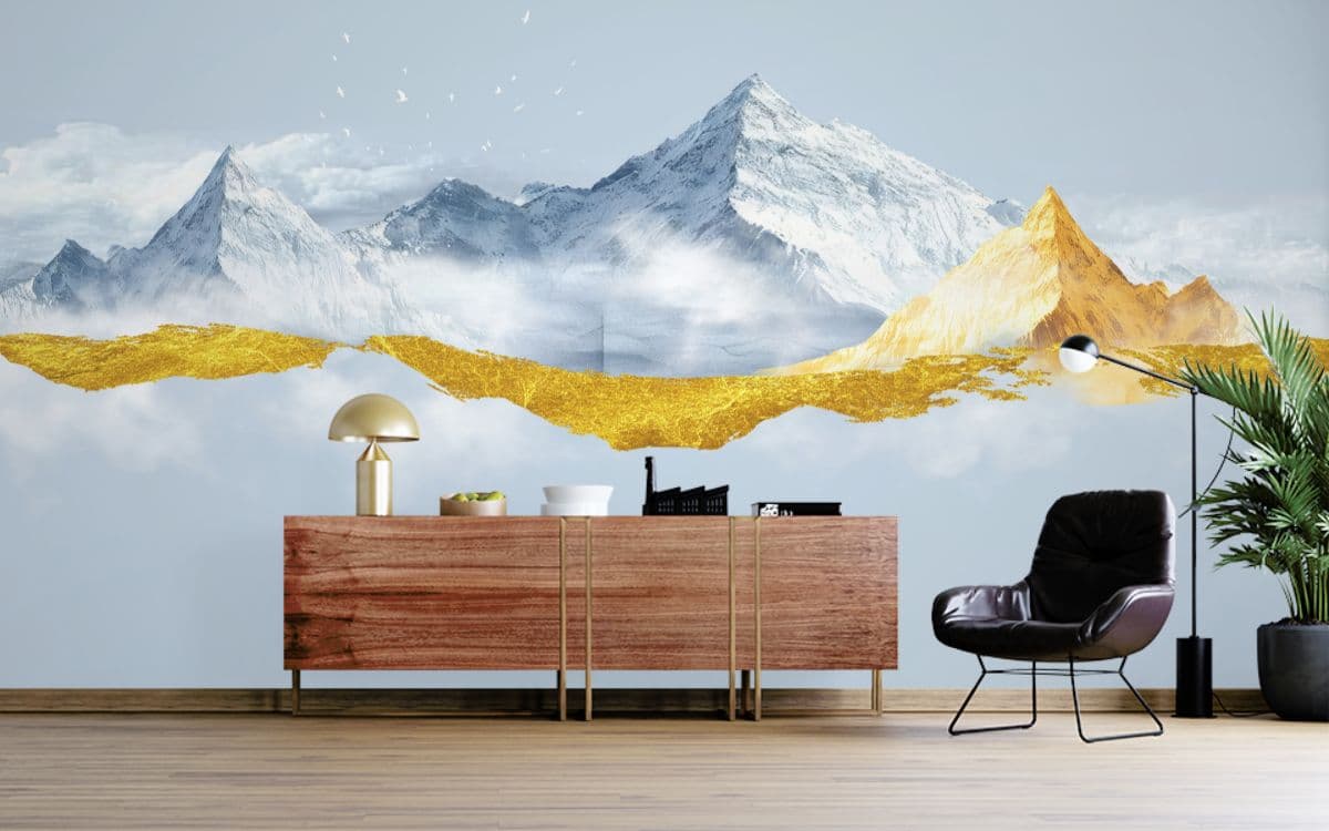 Majestic Heavenly Summit Mountain Wall Mural shown in a room
