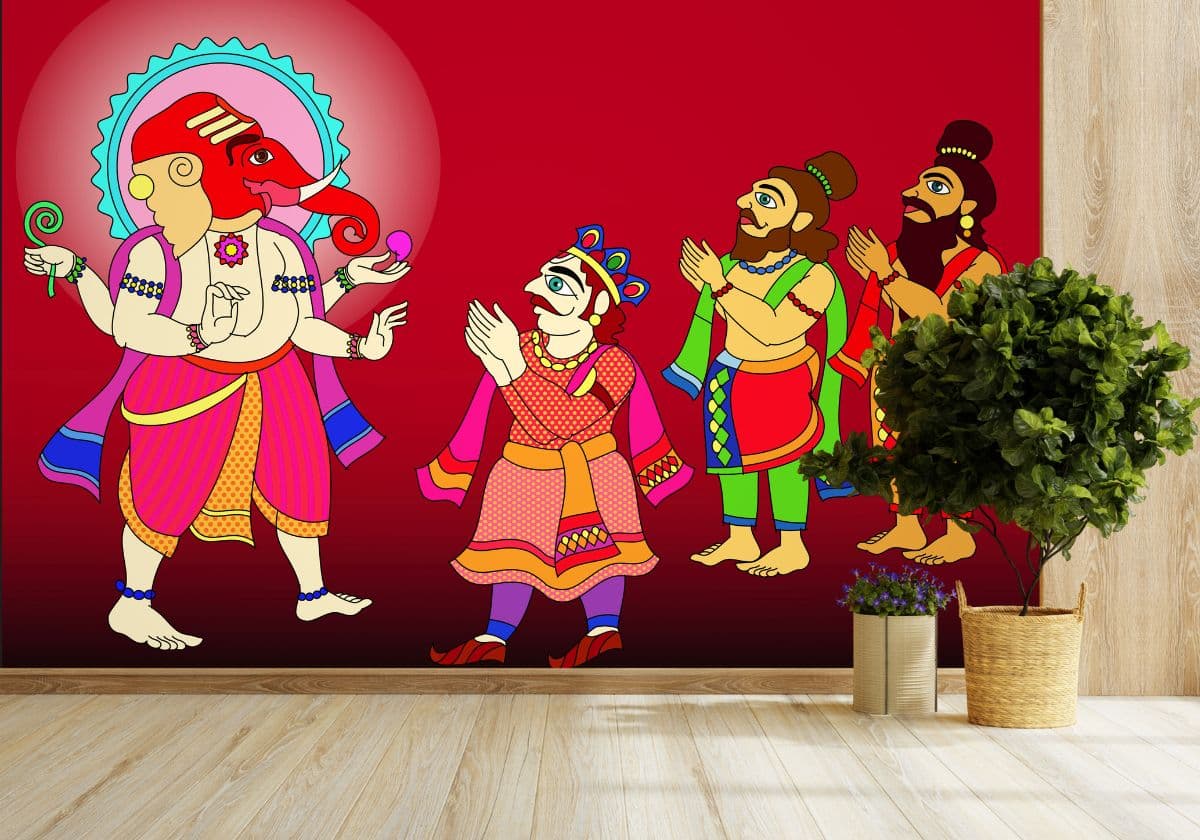 Lord Ganesha Phad Art Wallpaper for Wall shown in a room