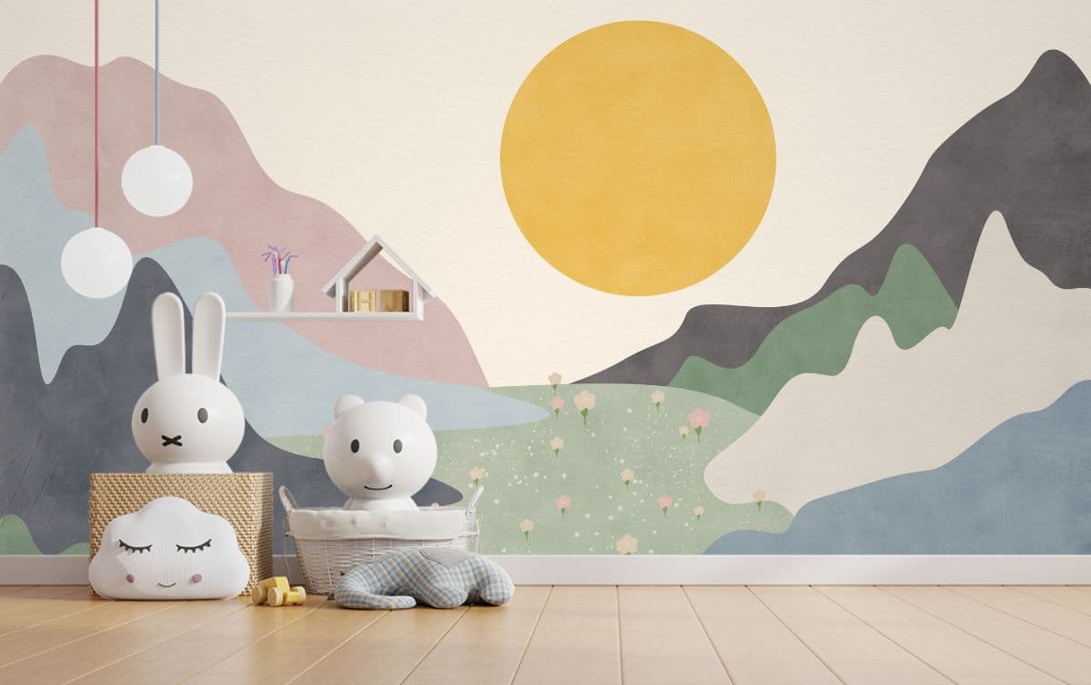 Mandhari Colourful Mountain with Flowers Wallpaper shown in a room