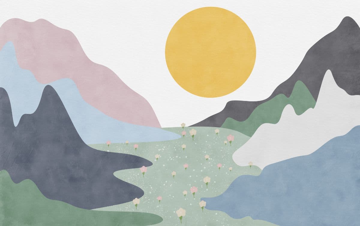 Mandhari Colourful Mountain with Flowers Wallpaper pattern detail