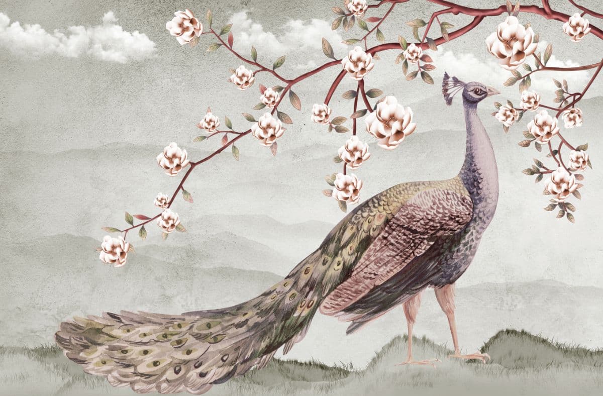Mayur, Time-Tested Peacock Blooms Wallpaper Mural pattern detail