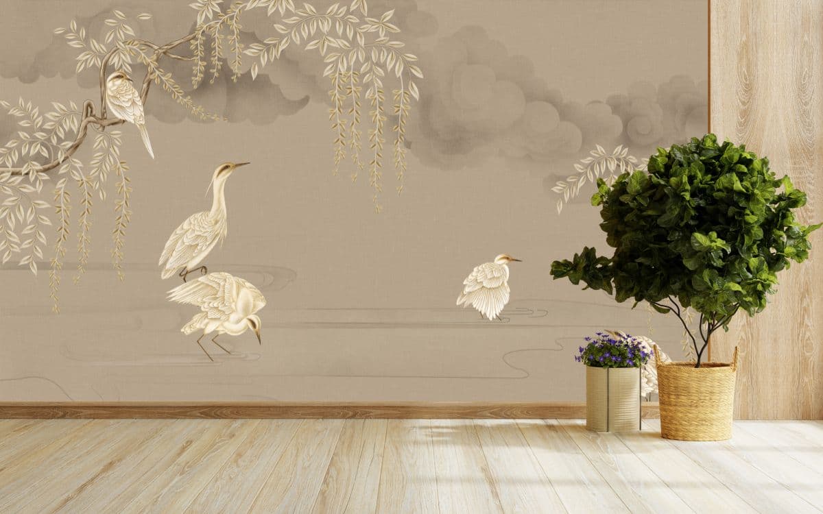 Sarangini, Beige Avian Symphony Wallpaper Mural shown in a room