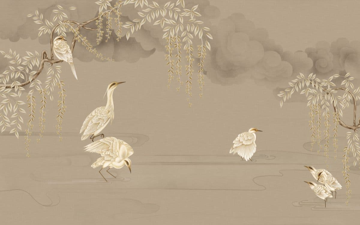Sarangini, Beige Avian Symphony Wallpaper Mural pattern detail