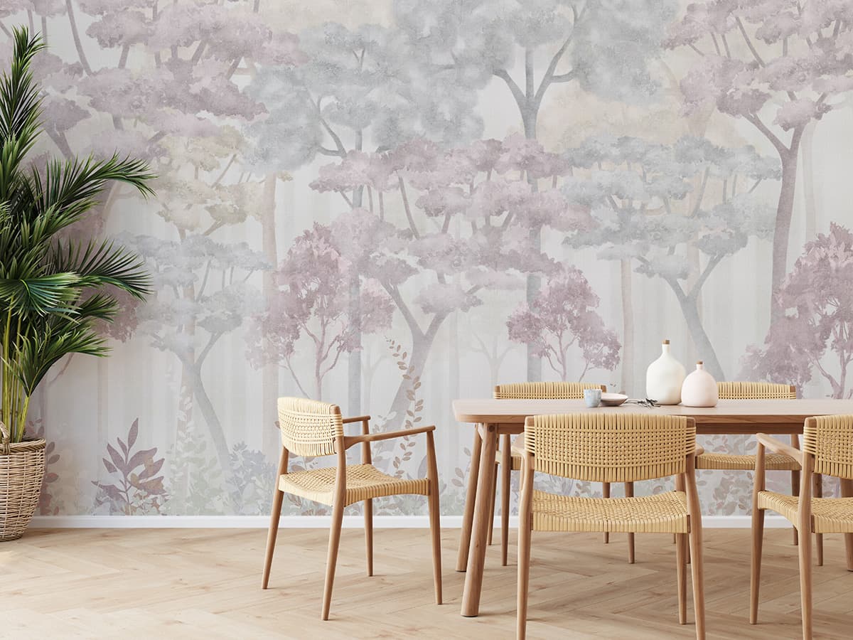 Serene Trees, Colorful Forest Wallpaper shown in a room
