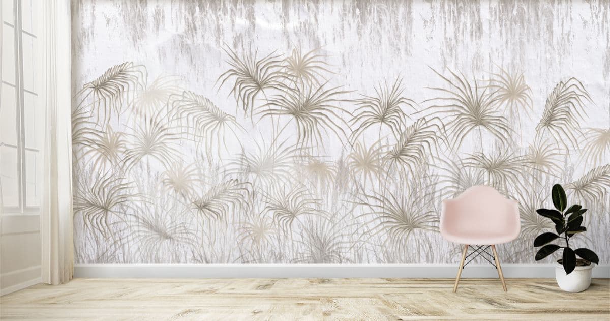 Tropical Palm Leaves Art Wallpaper shown in a room