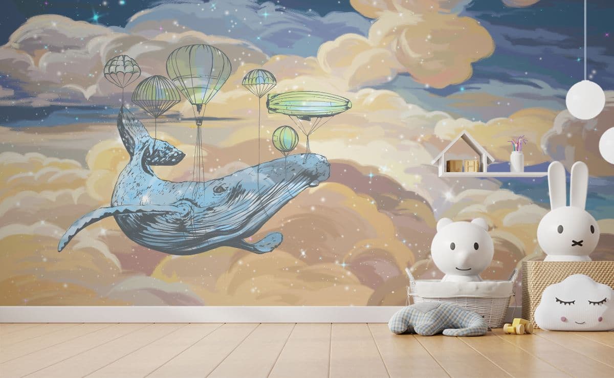 Whale Voyage Sky Symphony Kids Wallpaper shown in a room