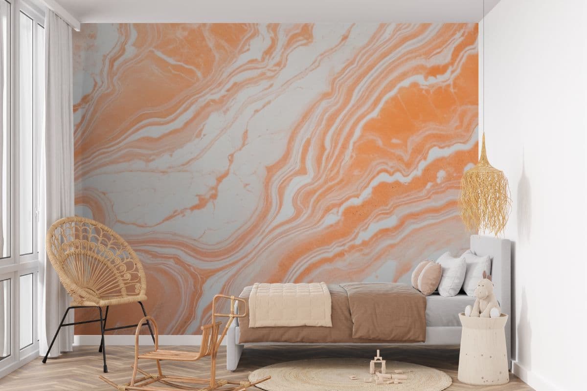 Marmor, Peach Fuzz Marbelized Wallpaper shown in a room