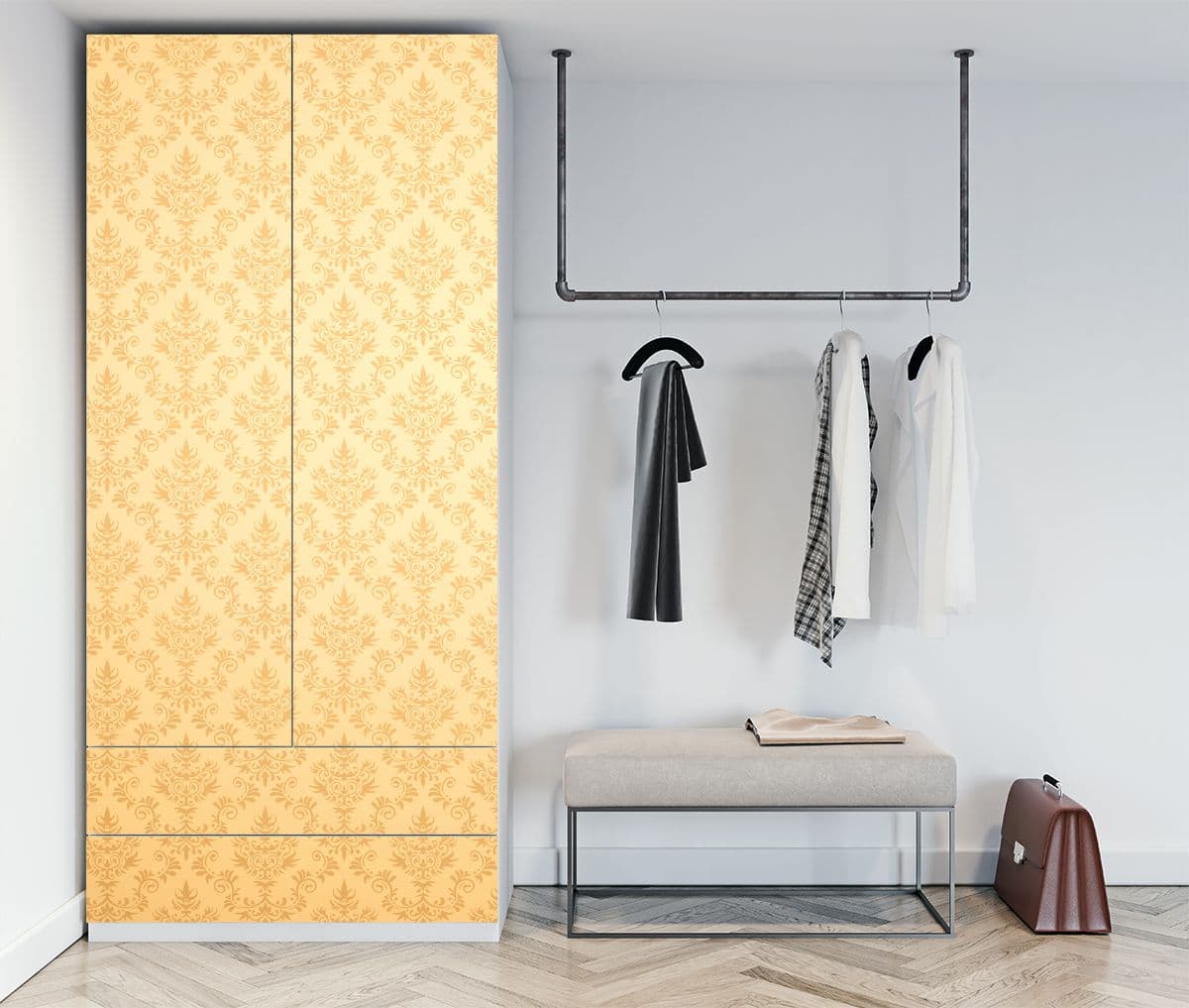 Golden Damask Pattern Furniture Wallpaper shown in a room