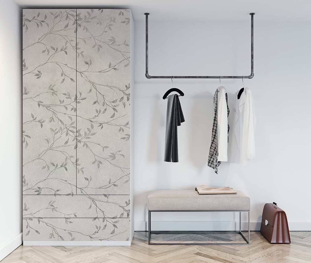 Serene Soothing Leaves Furniture Wallpaper shown in a room