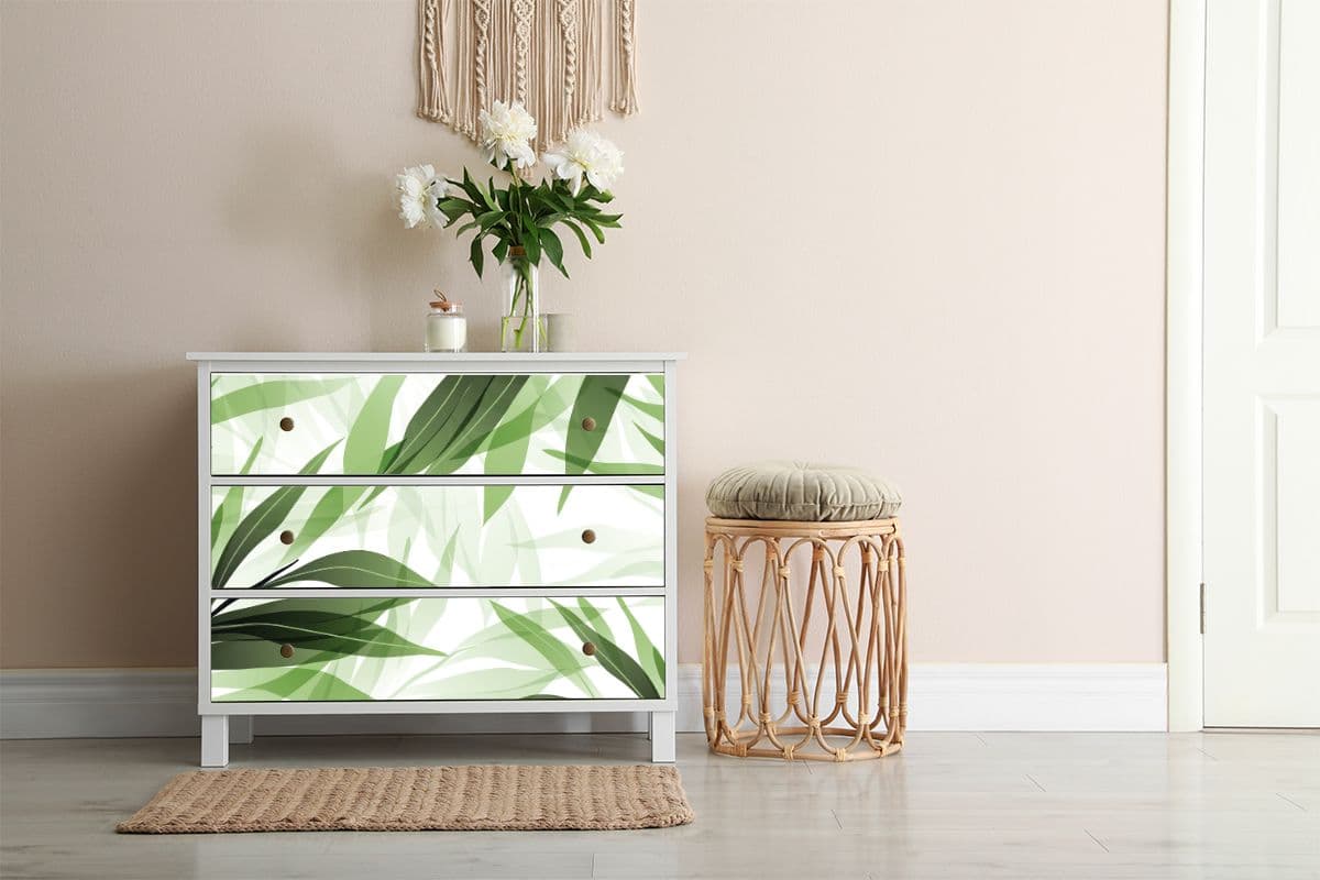 Tranquil Green Leaves Furniture Wallpaper shown in a room