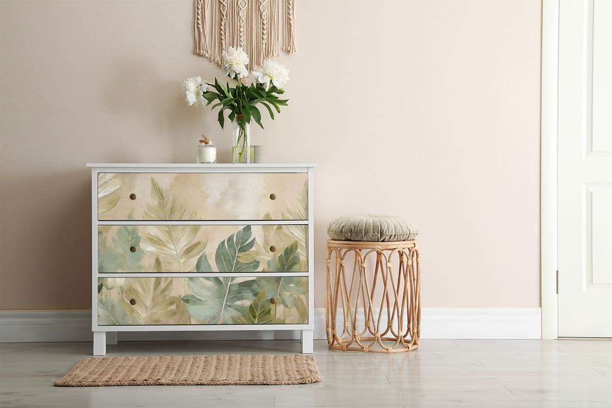 Tropical Leaves Serenade Furniture Wallpaper shown in a room