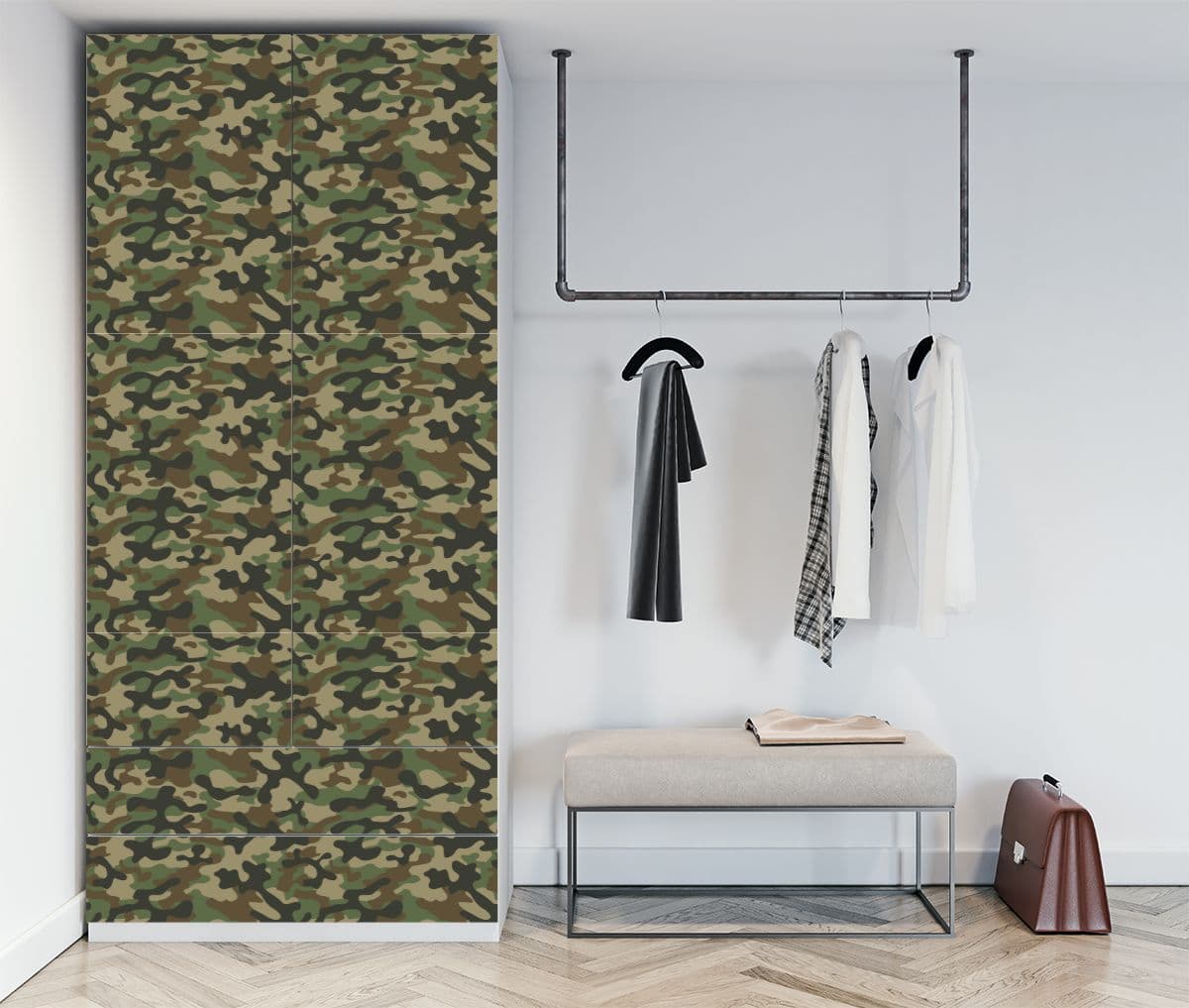 Army Camouflage Pattern Almirah Wallpaper shown in a room