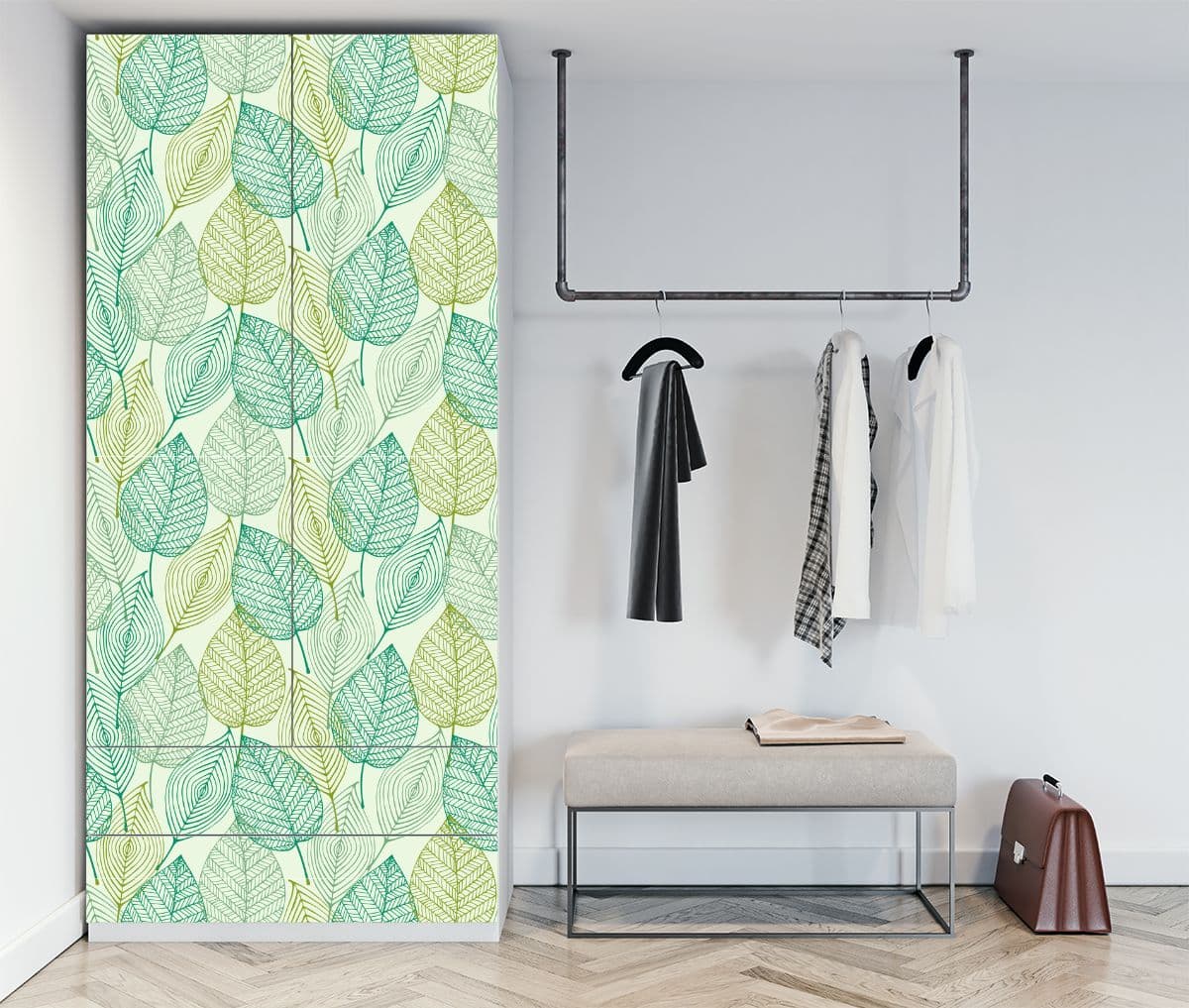 Beautiful Leaves Pattern Almirah Wallpaper shown in a room
