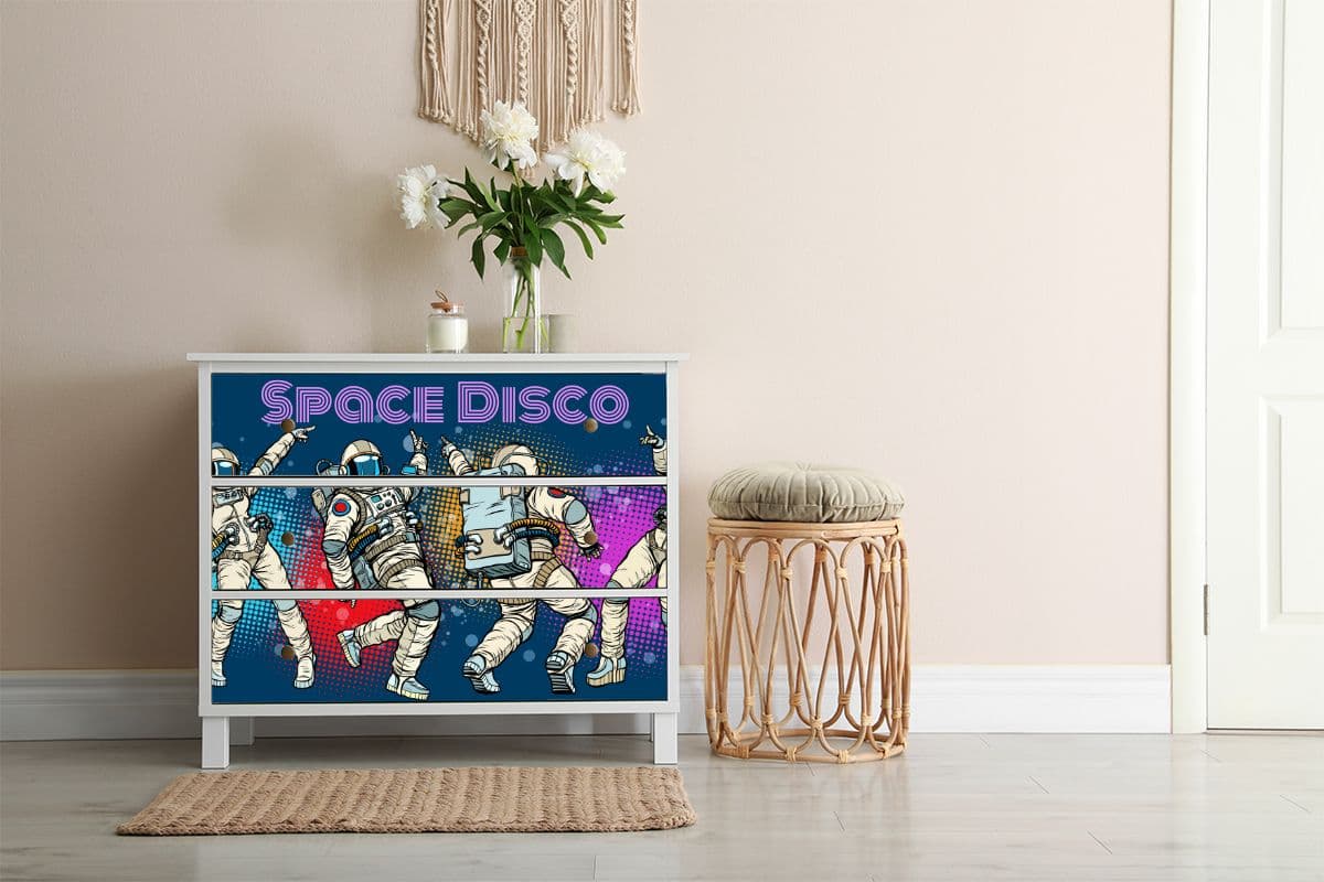 Dancing Astronauts Furniture Wallpaper shown in a room