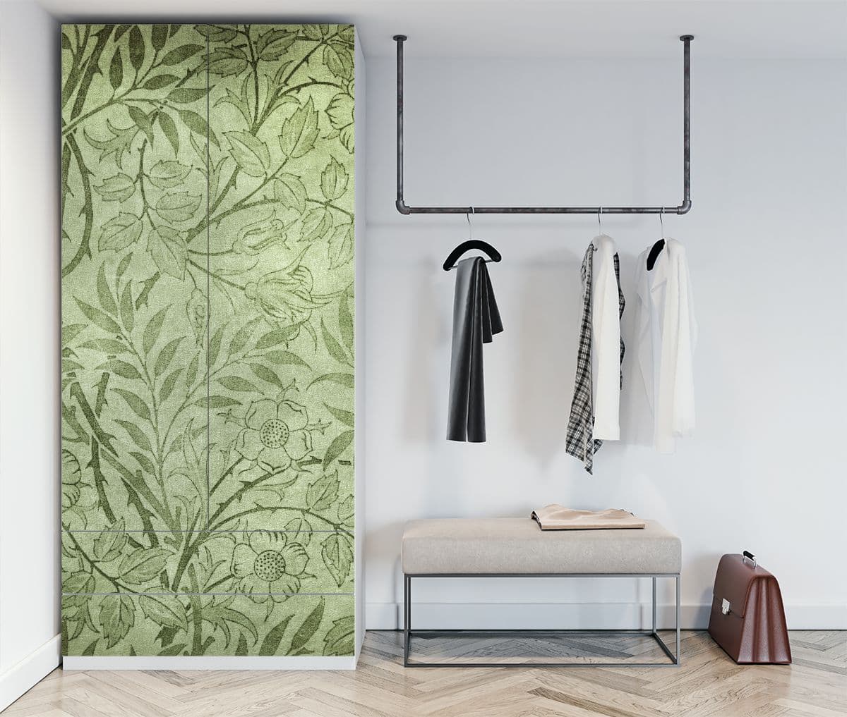 Floral Whisper Vintage Grunge Almirah Wallpaper shown in a room