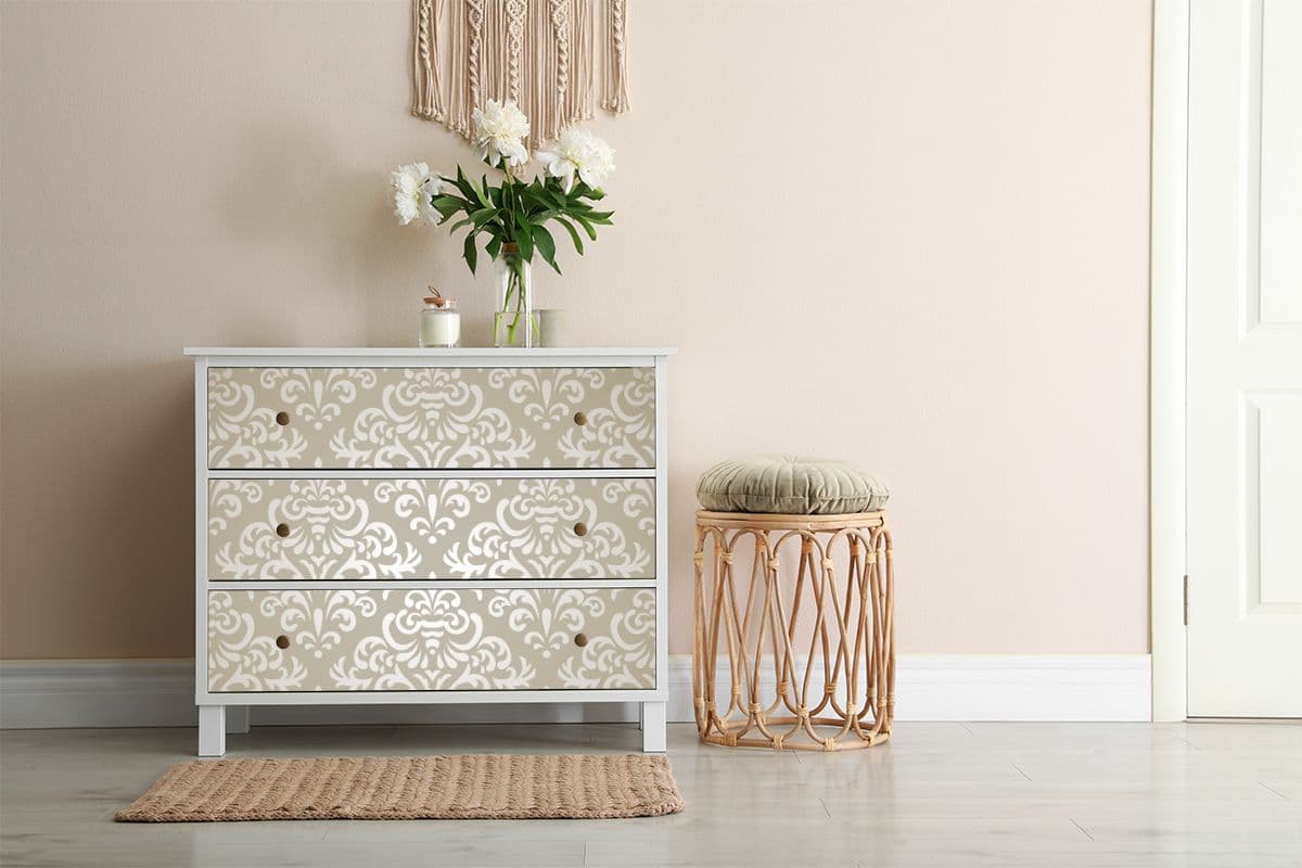 Floral Damask Pattern Furniture Wallpaper shown in a room