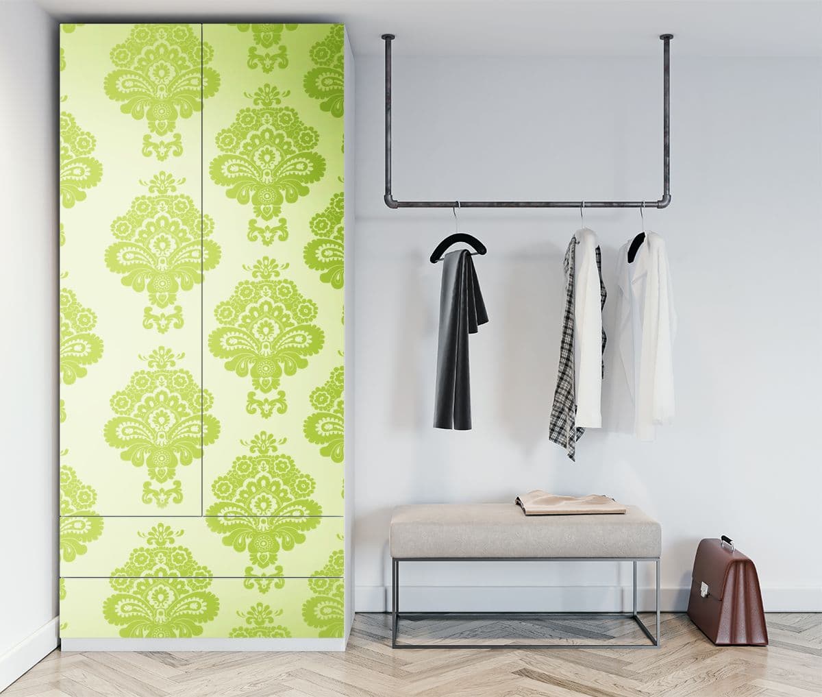 Green Damask Pattern Almirah Wallpaper shown in a room