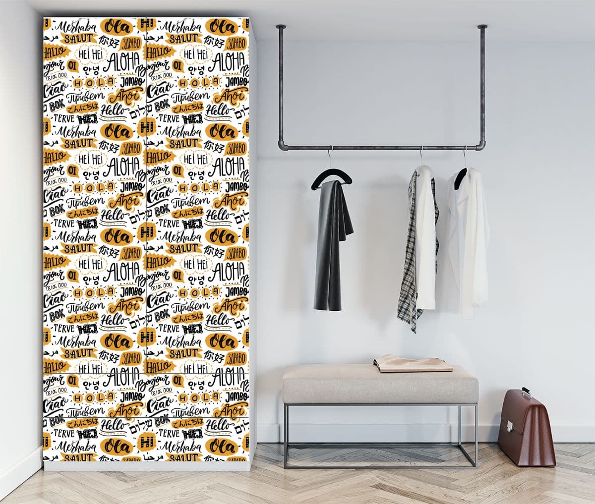 Hello in Different Languages Furniture Wallpaper shown in a room
