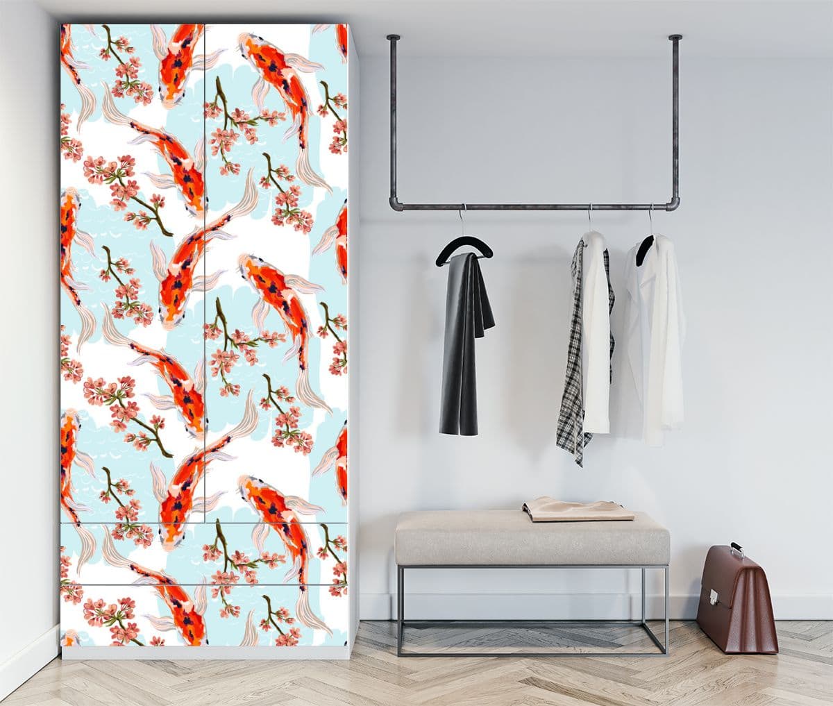 Decorative Koi Fish Pattern Almirah Makeover Wallpaper shown in a room
