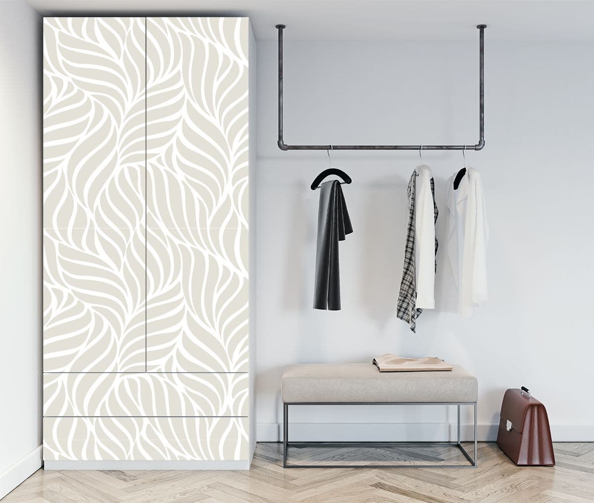 Modern Leaves Pattern Almirah Wallpaper shown in a room